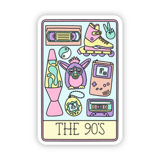 Retro tarot card sticker featuring colorful illustrations of 90's nostalgia items—VHS tape, roller skate, lava lamp, Furby, Tamagotchi, Game Boy, and cassette—plus "THE 90'S" text at the bottom.