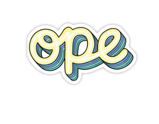 The Ope | Midwest Sticker features "ope" in yellow cursive with a bold, wavy blue and green shadow on white—perfect for showing off Midwestern humor on your laptop or water bottle.