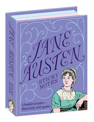 The Jane Austen Sticky Notes come in a purple box with decorative swirls and a Regency-era woman illustration, labeled "A booklet of assorted sticky notes—illustrated, with quotes.