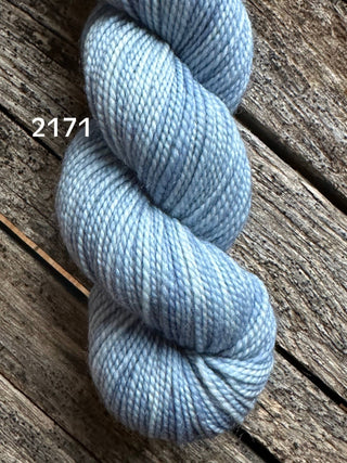 A skein of Koigu KPM & KPPPM Fingering Weight Yarn in light blue rests on a rustic wooden surface, with "2171" in white text at the top left. Ideal for knitting, crochet, or any creative yarn project.