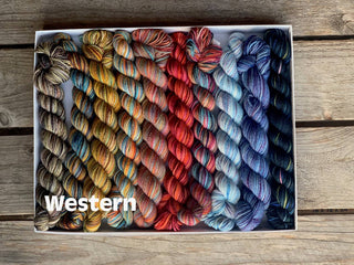 A Koigu Pencil Box in the Western colorway, featuring twisted merino wool mini skeins in a gradient of brown, gold, red, blue, and purple. Western appears in white text on the lower left. The box sits on a wooden surface.