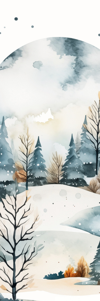 Watercolor art of a snowy winter scene with bare trees and pines under a cloudy sky features on Holiday Bookmarks for Knitters, perfect for printable bookmarks or digital PDF designs. Snowfall gently covers serene hills in soft blues, whites, brown, and gold.