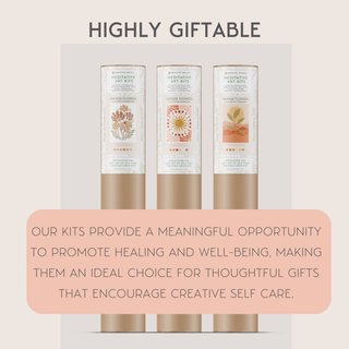 Three upright Vibrant Butterflies Meditative Art Paint by Number Kits with floral designs are shown. "Highly Giftable" appears above, and a box below highlights the kit as meaningful, healing, and perfect for creative self-care or gifting.