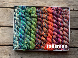A box of Spooky Season Koigu Pencil Boxes mini skein set in Talisman, featuring soft Merino wool yarns arranged in a gradient from blue and green on the left to orange and pink on the right, with Talisman at the bottom right.