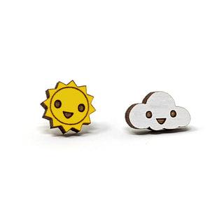 The ☀️ Sun & Cloud Earrings ☁️ feature small wooden pins shaped like a smiling yellow sun and white cloud with cute cartoon faces. Handmade, perfect for adding a cheerful touch to your accessories collection.