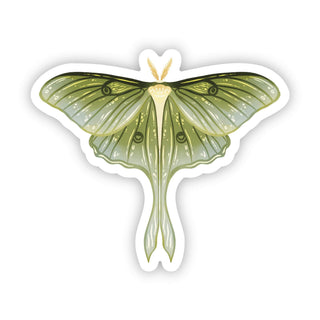 Here’s a revised version of your sentence using the provided product data: The Luna Moth Sticker features an illustration of a green luna moth with intricately detailed wings, white spots, and elegant long tails. Centered on a white background with a subtle drop shadow, this waterproof vinyl sticker is perfect for expressing your love of nature and supporting mental health awareness.