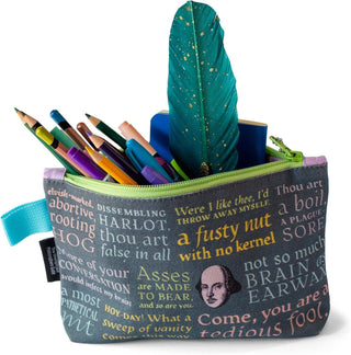 The Shakespearean Insults Zipper Pouch is a colorful pencil case decorated with witty Shakespeare quotes and includes colored pencils, pens, and a turquoise feather—an ideal gift for literature lovers.