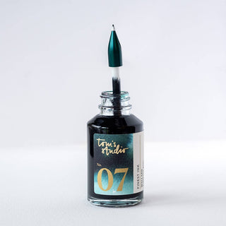 A bottle of black ink labeled Twis Studio No. 07 holds The Wren - Refillable Writing Pen with a Japanese-made tip, standing upright inside the open bottle against a plain white background.