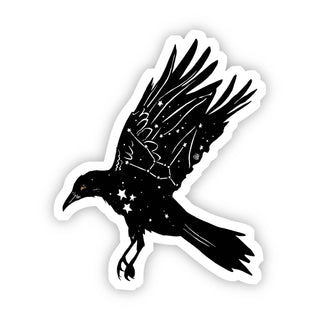 The Crow with Stars Sticker features a black crow in flight with white stars and constellations on its body, set on a white background. This weatherproof vinyl sticker adds a mystical touch to any indoor or outdoor space.