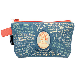 The Jane Austen Zipper Pouch features a Regency-inspired design with an illustration of Jane Austen, hand-lettered quotes on a blue background, and is finished with a red zipper—ideal as a charming bag for crafting projects.