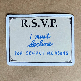 The I must decline sticker features blue handwritten and printed text on a plain brown background, making it a perfect eco-friendly paper sticker for your collection.