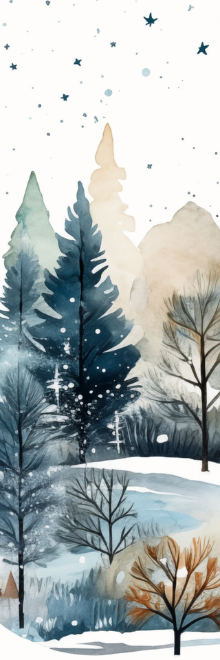 Holiday Bookmarks for Knitters: Watercolor illustration of a snowy winter landscape with pine trees and mountains under a starry sky—perfect printable or digital bookmarks to enjoy while knitting.