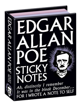 The Edgar Allan Poe Sticky Notes come in a book-shaped box with a black-and-white Poe illustration and text from The Raven, making them perfect for fans of Edgar Allan Poe quotes.