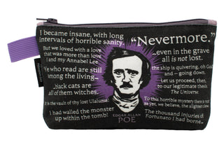 The Edgar Allan Poe Zipper Bag is a black pouch with a purple zipper and tag, featuring white quotes and Poe’s portrait—the ideal Halloween accessory for book lovers.