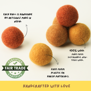 A set of eco-friendly Wool Felted Cat Toy Balls made from natural materials, shown with text overlay.