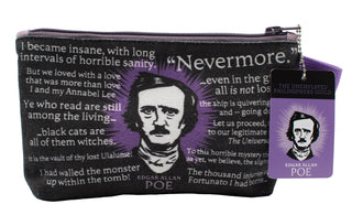 The Edgar Allan Poe Zipper Bag showcases Poe’s illustrated portrait with literary quotes on a black and purple background, plus a matching tag. This zippered pouch is an ideal Halloween accessory for literature fans.
