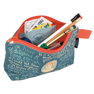 The Jane Austen Zipper Pouch is a blue fabric bag with a portrait illustration, orange zipper and lining, handwritten text, and fits pencils, pens, erasers, cards, and folded papers.