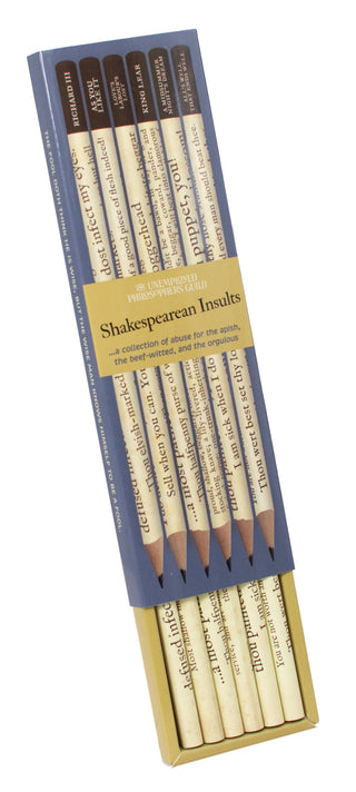 The Shakespearean Insults Pencil Set features six pencils in a partially open box, each printed with a witty insult from Shakespeare’s works and displayed inside the cleverly labeled package.