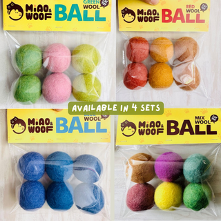 Wool Felted Cat Toy Balls in clear packaging available in 4 sets: green, red, blue, and mixed colors. Each set includes four eco-friendly cat toys made from natural wool. Text reads AVAILABLE IN 4 SETS.