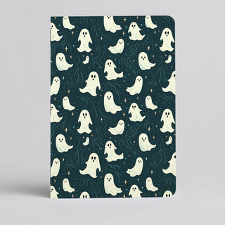 The 👻 Friendly Ghost Notebook 👻 is handmade in Austin with a dark cover, featuring cute white cartoon ghosts in playful poses, stars, and abstract swirls—great for anyone who loves unique pocket notebooks.