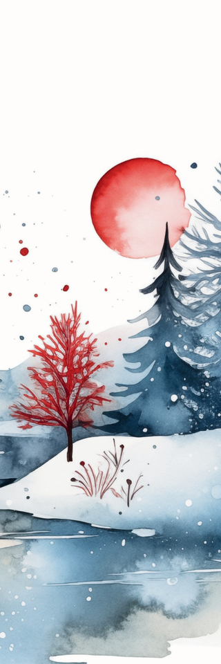 A dreamy winter watercolor scene with snowy hills, red tree, blue evergreens, and a glowing red sun—perfect for Holiday Bookmarks for Knitters as printable bookmarks or a digital bookmark PDF.