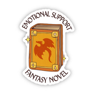 The "Emotional support fantasy novel" book sticker features a dragon emblem, star accents, and the phrase "Emotional Support Fantasy Novel"—a perfect vinyl sticker for any book lover.