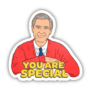 An illustration of a smiling man with gray hair in a red cardigan, white shirt, and blue tie rests his arms on a surface above bold yellow "YOU ARE SPECIAL" text. The You Are Special | Mr. Rogers Sticker is great for mental health awareness.