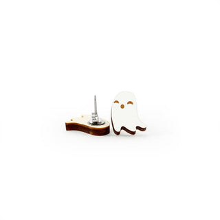 Ghost Earrings—a pair of small, white earrings with wooden edges—feature one earring lying flat with the post visible and the other standing upright, highlighting this charming handmade jewelry on a plain white background.