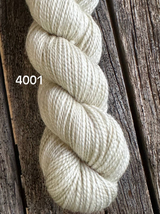 A skein of Koigu KPM & KPPPM Fingering Weight Yarn, color 4001 off-white, rests on a weathered wooden surface. Its tightly twisted, soft, and slightly shiny texture makes it perfect for knitting or crochet projects.