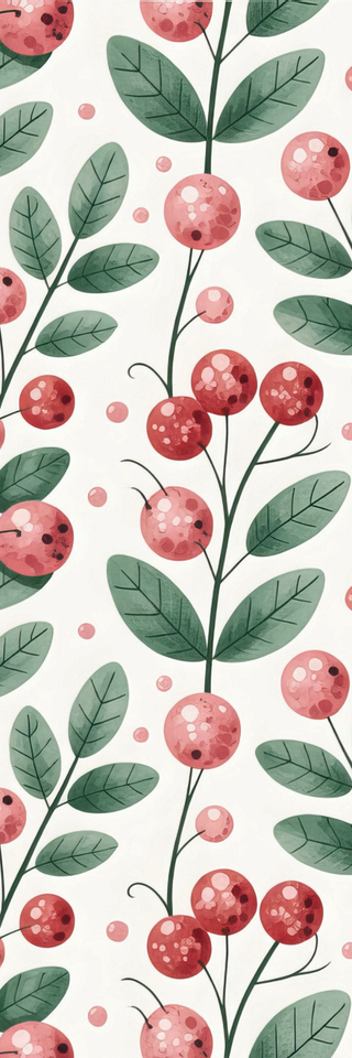 Holiday Bookmarks for Knitters featuring a seamless watercolor pattern of red berries and green leaves on white—soft, festive design perfect for printable bookmarks or as a digital bookmark PDF.