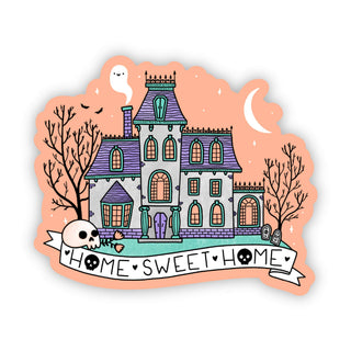 The Home sweet home spooky sticker by Katie Ruby Illustrations features a haunted mansion with purple roofs, bare trees, skull, ghost, crescent moon, bats, and a banner reading “Home Sweet Home.” Perfect Halloween vinyl sticker!.