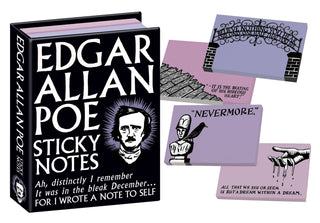The Edgar Allan Poe Sticky Notes set features a book-shaped box with Poe’s portrait and includes four sticky notes: a raven, “Nevermore,” a heartbeat quote, a graveyard scene, and a dream quote—ideal for Poe fans.