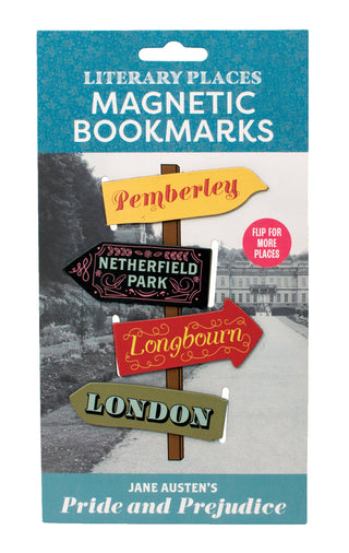 Packaging of Jane Austen-themed literary magnetic bookmarks with signpost design on a scenic background.