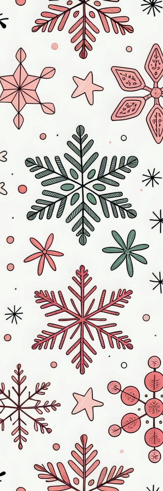 Holiday Bookmarks for Knitters: Features a seamless pattern of hand-drawn snowflakes, stars, and dots in pink, red, and green—ideal as a festive digital PDF to print for your winter reading adventures or as unique knitting bookmarks.