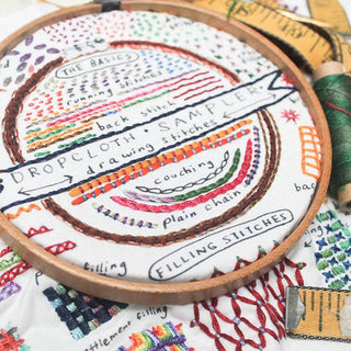 An embroidery hoop displays the "Drawing Stitches Embroidery Sampler," featuring colorful labeled stitching techniques and patterns—such as back stitch, couching, chain, and filling stitches—on white fabric.