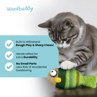 A gray tabby cat plays with a green and yellow Felted Fish Cat Toy. Text highlights its durability, handcrafted wool quality, and safety—no small parts. The Handmade Wool Cat Toys logo appears at the top left.