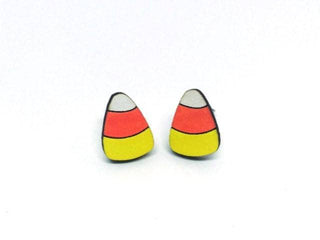 Candy Corn Earrings featuring handmade white, orange, and yellow stripes—perfect for adding a playful touch to your Halloween collection. Shown on a plain white background.