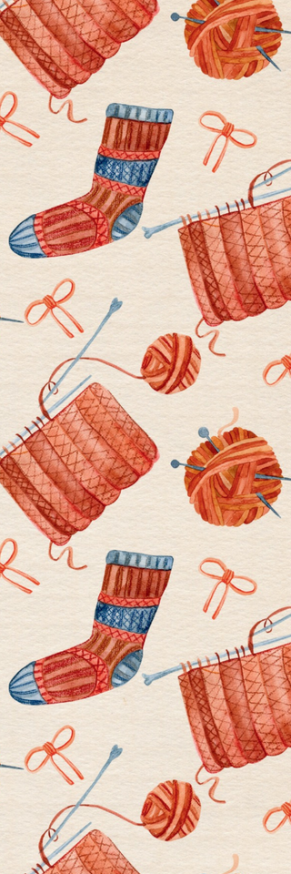 Holiday Bookmarks for Knitters: A seamless watercolor pattern of knitted socks, yarn balls, needles, and fabric in orange, red, and blue—ideal for printable or digital bookmarks on a light background.
