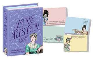 The Jane Austen Sticky Notes set comes in a purple hardcover booklet and features pastel notes with vintage illustrations of women, teacups, and memorable Austen quotes.