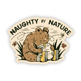 The Naughty by Nature | Honey Bear Sticker features a cartoon bear chewing a boot among grass, flowers, and bees with "NAUGHTY BY NATURE" above. This playful waterproof vinyl sticker supports mental health awareness every time you see it.