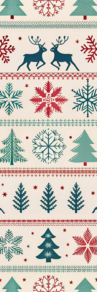 Holiday Bookmarks for Knitters feature a festive pattern with red snowflakes, teal and green Christmas trees, and blue reindeer on cream—arranged in horizontal stripes. Ideal for printing or as a knitting-themed bookmark gift.