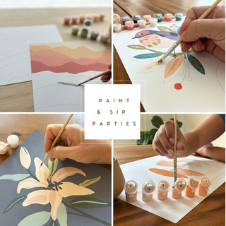 A collage shows hands painting colorful artworks, including florals, with brushes and paint pots. In the center, text reads “Paint & Sip Parties.” Discover mindful painting with our Wildflowers Meditative Art Paint by Number Kit.