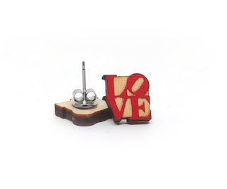 ❤️ LOVE Earrings ❤️ in red and natural wood tones are displayed with their matching backs on a white background—unique handmade earrings perfect for everyday wear.
