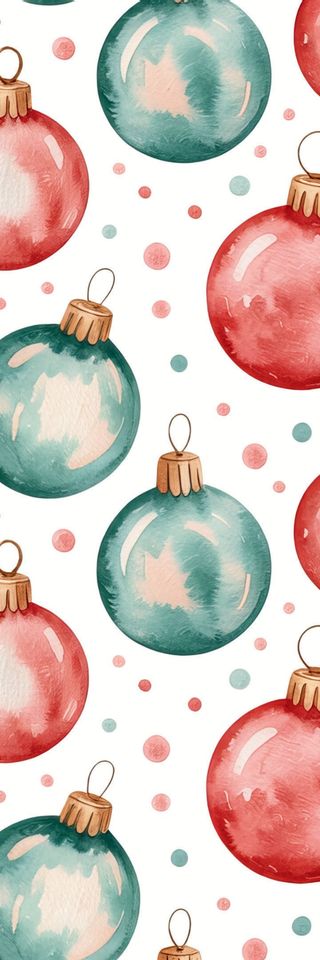 Holiday Bookmarks for Knitters feature a seamless pattern of red and green watercolor Christmas ornaments with gold caps and festive polka dots on white—ideal for printable or digital bookmark PDFs.