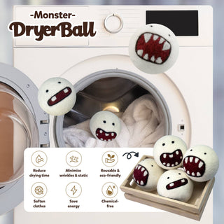Wool Felted Monster Dryer Balls—shaped like playful monsters with open mouths and teeth—are shown in and around a front-loading washer. Icons highlight their natural fabric softener effect, reduced drying time, and eco-friendly laundry benefits.