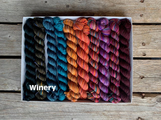 The Koigu Pencil Box offers seven skeins of soft Merino Wool fingering yarn in a Winery gradient from dark green to maroon, beautifully displayed on a wooden surface.