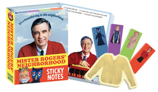 Mister Rogers Sticky Notes come in a book-shaped holder, featuring Mister Rogers, his puppets, sweater, and bookmarks as page markers, with "Mister Rogers' Neighborhood Sticky Notes" on the cover.