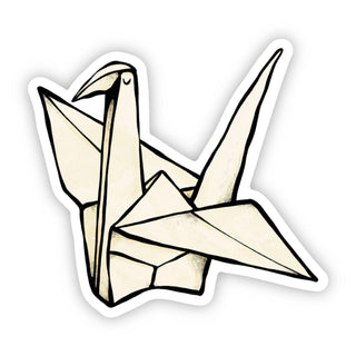 The Paper Crane Sticker features a simple, hand-drawn origami crane with shaded details in black on white. This vinyl waterproof sticker is perfect for promoting mental health awareness.
