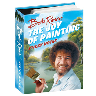 Bob Ross Sticky Notes come in a mini book-style booklet, featuring Bob Ross smiling with a paintbrush and landscape art. Includes a sticky note pad and page markers inspired by The Joy of Painting.