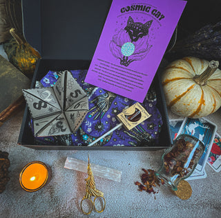 The Season of the Witch Curio Box includes a purple cat-patterned cloth, folded paper fortune teller, scissors, lollipop, tarot cards, small candle, clear crystal, dried flowers in a glass jar, and a striped pumpkin.